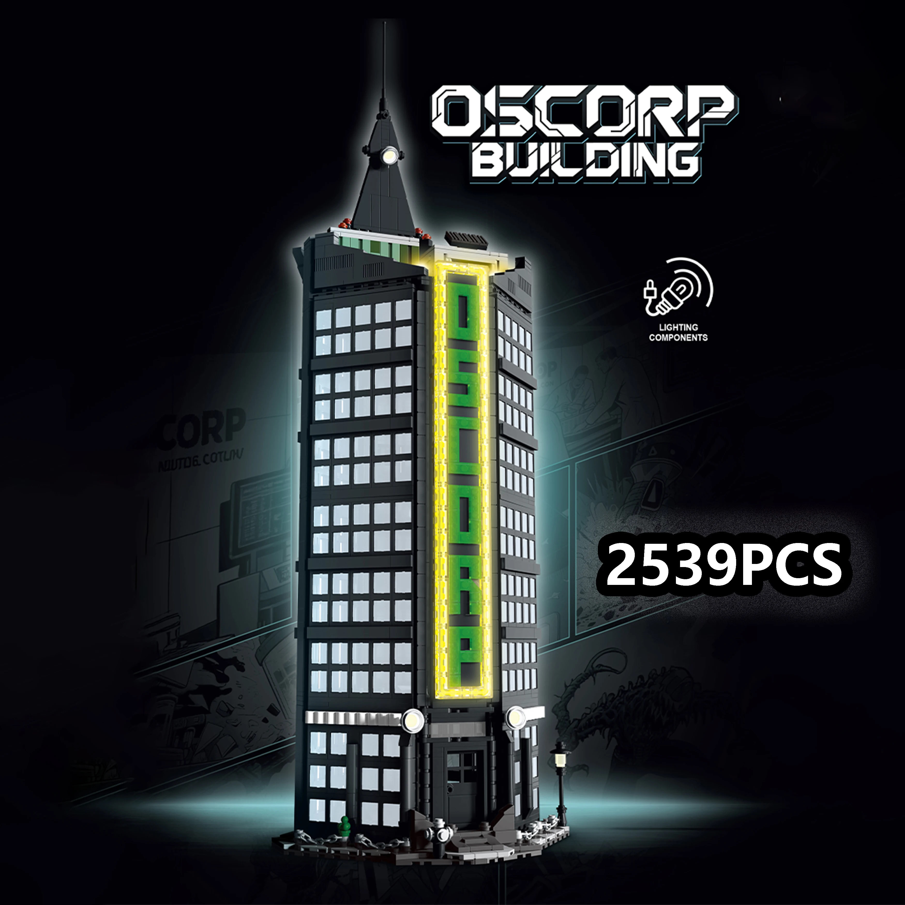 

2539 шт., набор строительных блоков с уличной сценой «Черная башня» со светодиодным дисплеем, креативная модель архитектуры, украшение, подарок