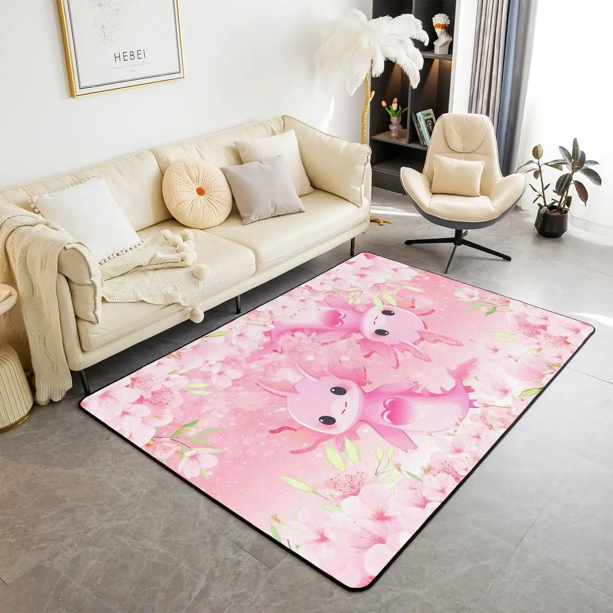 Cartoon Animal Axolotl Carpet Cute Axolotl Area Rug for Living Room Bedroom Cherry Blossom Cartoon Salamander Non Slip Floor Mat