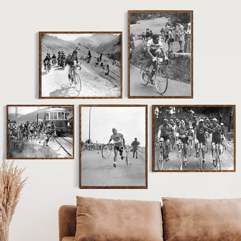 Frameless Canvas PaintingFrance Cycling Race Poster Black White Vintage Photography Frederico Bahomontes Canvas Painting Bike Wa