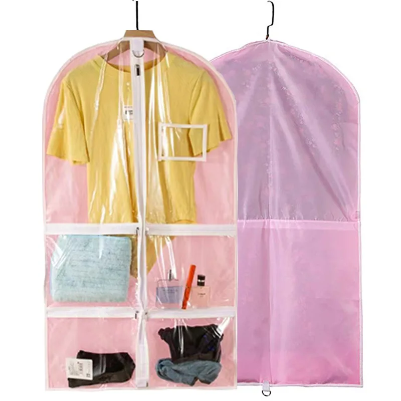 Pink Garment Bags for Dance Costume Foldable Dance Dress Bag with Zipper Pockets Transparent Storage Organizer Dress Cover