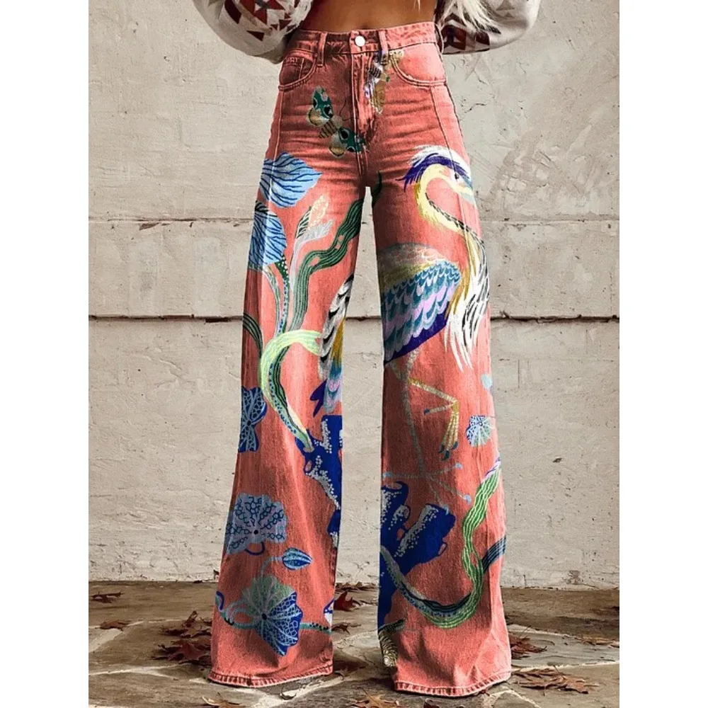 Harajuku Bohemian Art Print Palazzo-Hose mit hoher Taille und weitem Bein, Baumwolle, lässige, locker sitzende Hose mit Taschen, Damen-Punk-Hose – Detail 12