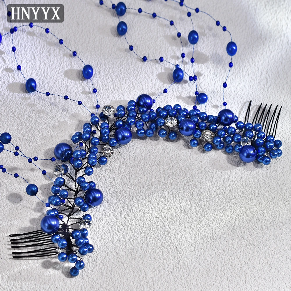 HNYX-Videira de Cabelo Azul Pérola para Mulheres, Pente De Cabelo De Noiva, Headdress para Noiva, Festa De Casamento, Jóias Frisadas, Acessórios De Cabelo, A230