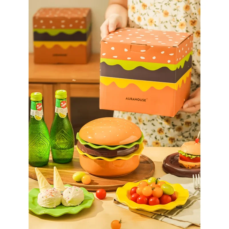 Hamburger rice bowl ceramic tableware Look good plate set Salad bowl dessert plate cartoon underglaze color Joe Move gift set