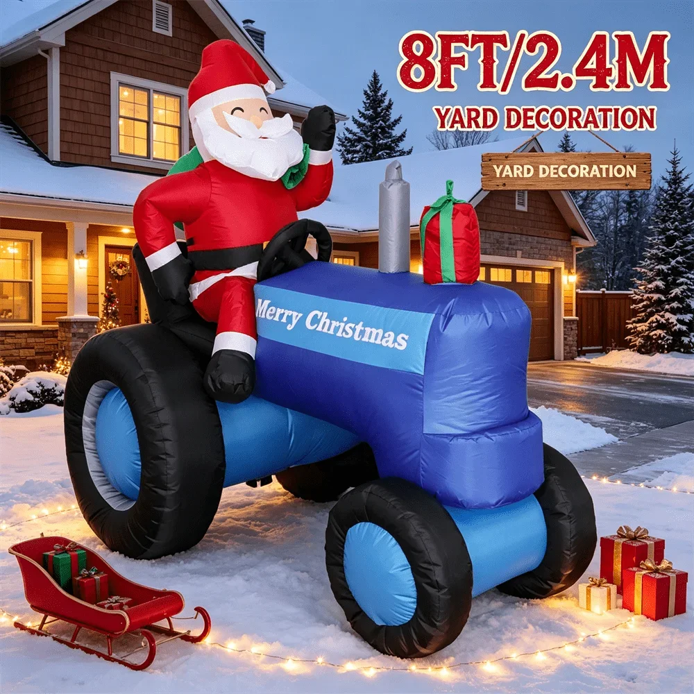 Holiday Decor 8FT/2.4M Santa Tractor Inflatable Model Toy Merry Christmas Print LED Blow Up Snow Garden Party Decor