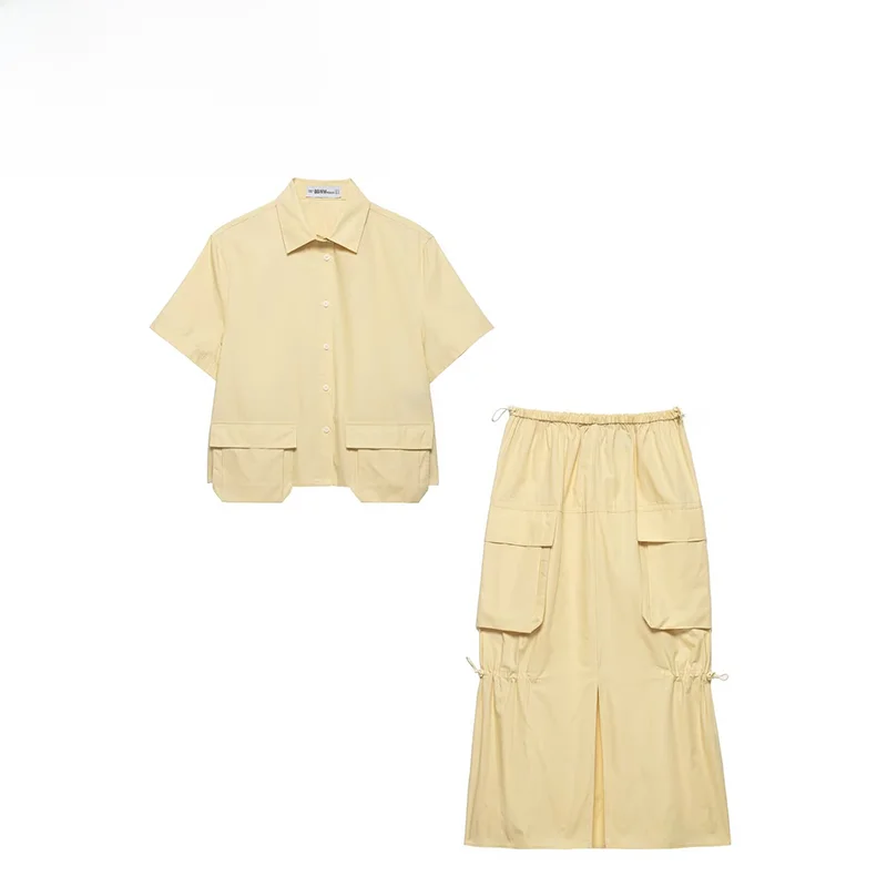 

Spring 2026 Women's Fashion Shirt with Pocket Workwear Style Midi Skirt Two-Piece Set Short Sleeve Regular Length Polyester F...