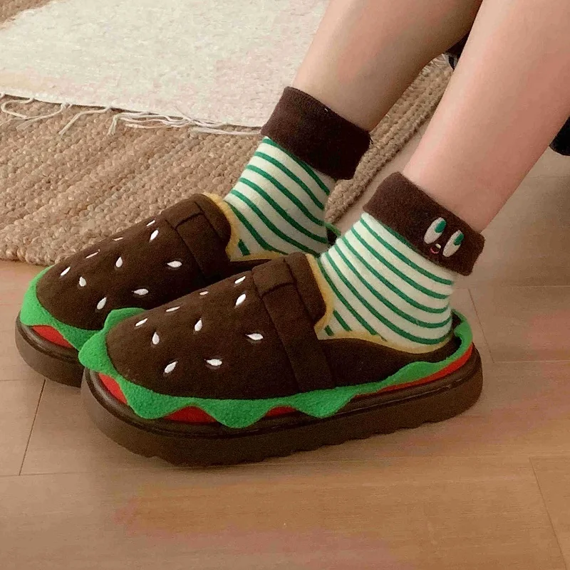 New novelty burger flippers fleece slides shoes for women winter warm fuzzy funny slippers adults hamburger shoes home slipper