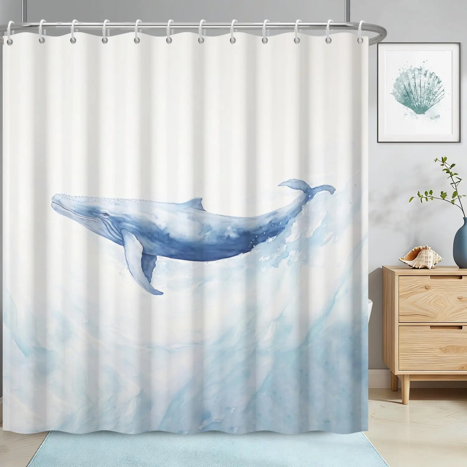 Waterproof Blue Whale Ocean Shower Curtain Marine Life Art Decor Polyester Panel for Bathroom Home Unique Design