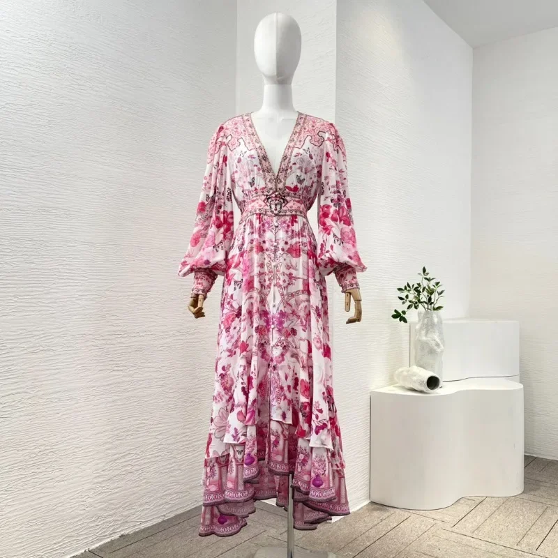 Vintage Elegant Pure Silk Long Lantern Sleeve Pink Floral Print Diamonds Stretchable Waist Women Holiday Midi Dresses