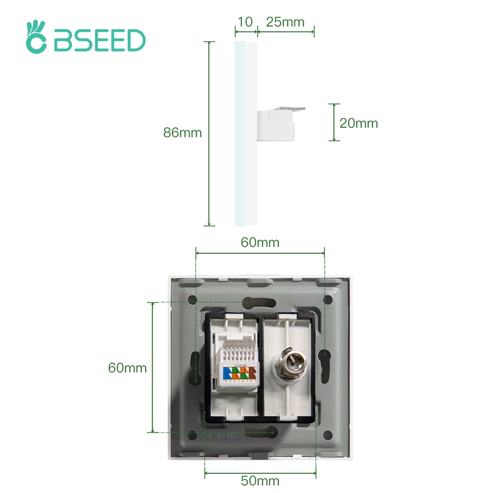 BSEED-مقبس حائط تلفزيون ، CAT5 ، الإنترنت ، لوحة زجاجية مقسّى ، أبيض ، أسود ، ذهبي
