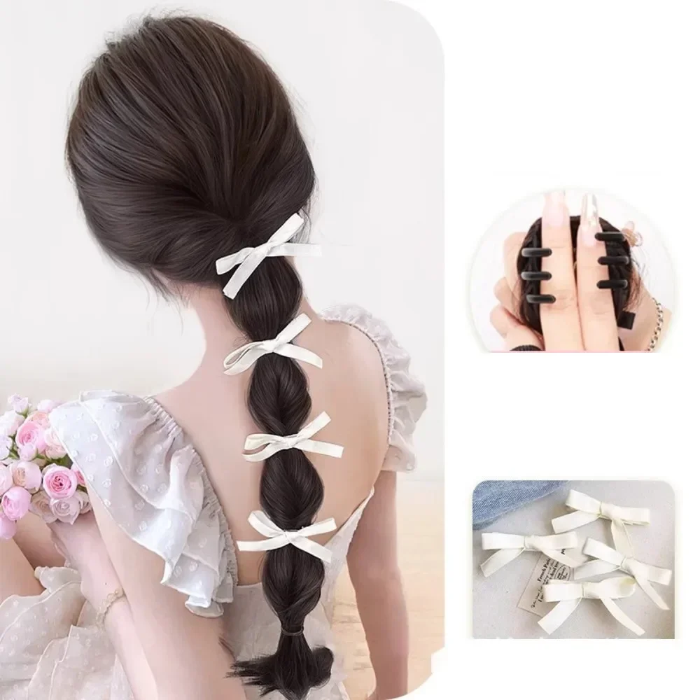 Female Elegant Bow Bubble Ponytail Synthetic Wig Side Sweet Simulation Hair Head Accessories（with clips）