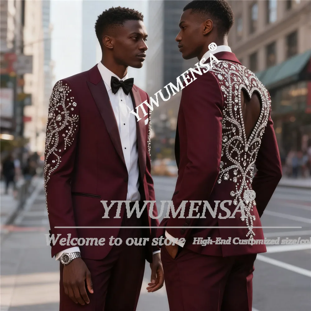 

Man Brilliant Beaded Stones Suit Attire 2 Pieces Sets Single Breasted Men's Blazer Cut-Out Back Customized Wedding Groom Tuxedos