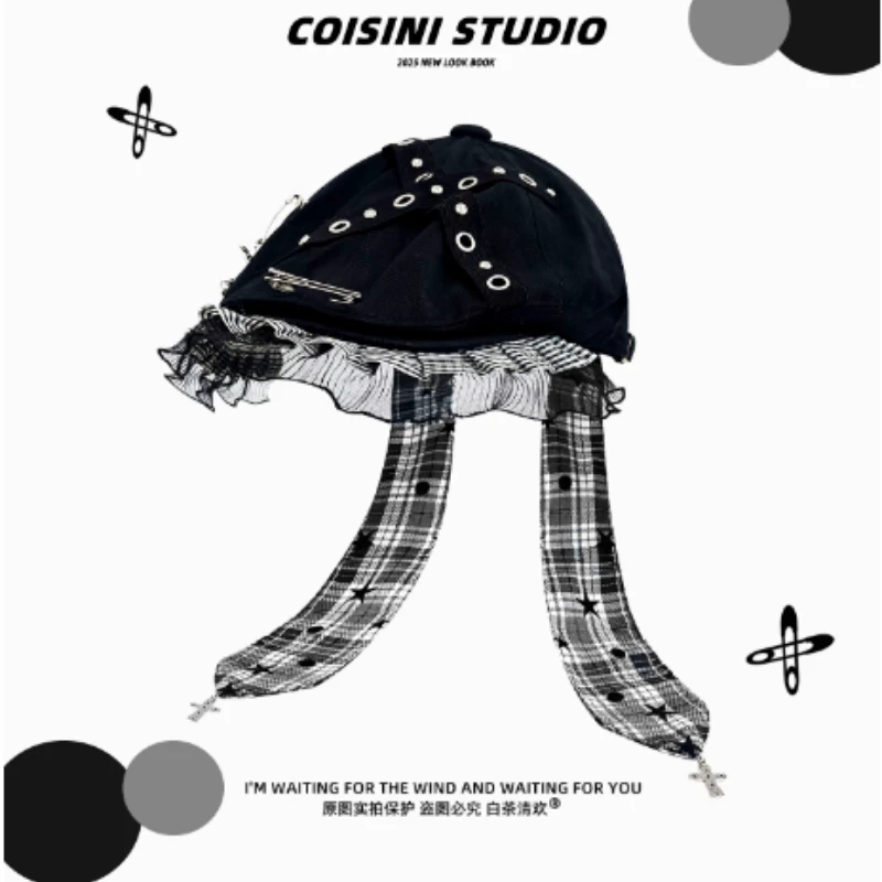 Niche Personality Y2k Punk Long Ears Black Forward Hat Spring and Autumn Trend Check Lace Pin Design Flat Top Berets for Women's