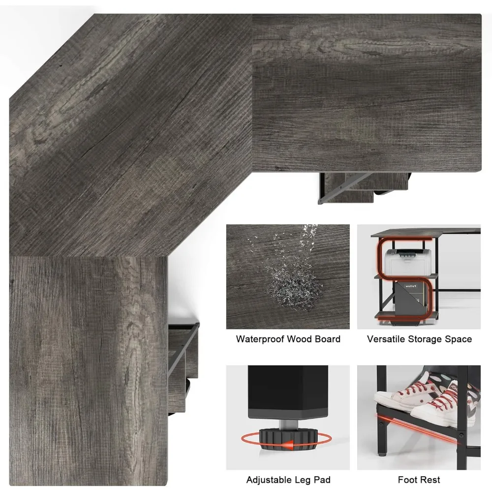 مكتب Teraves الحديث على شكل حرف L مع أرفف، مكتب كمبيوتر للألعاب 64.84 للمكتب المنزلي، مكتب زاوية مع سطح المكتب (بلوط أسود + F) #5