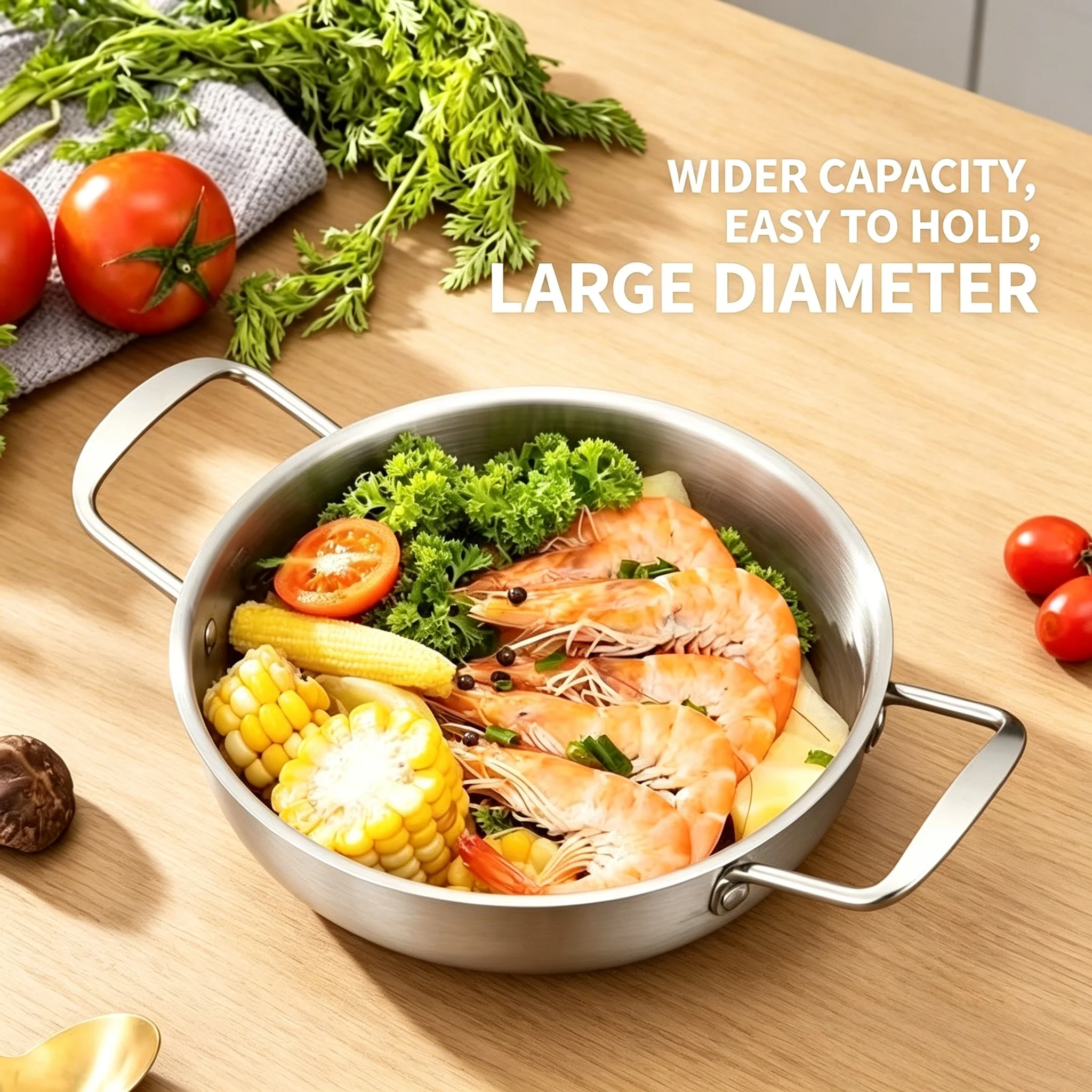 Korean-Style Thickened Stainless Steel Ramen Pot, Double-Handle Instant Noodle Pot, Seafood Pot, Army Hot Pot, Dry Pot, Stainless Steel Natural Color