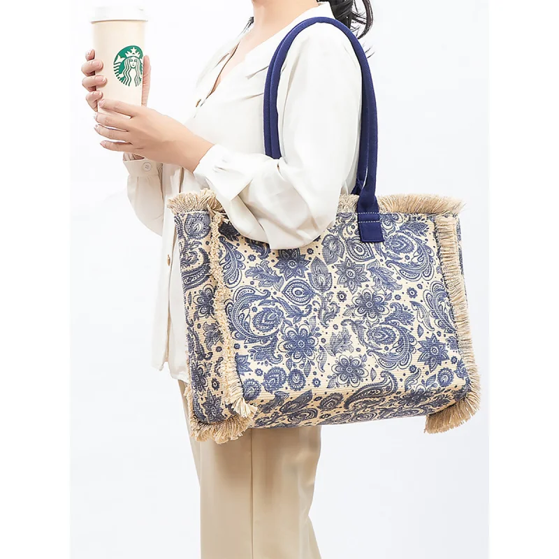 

Bohemian vintage tote bag, shoulder bag with zipper, large-capacity canvas handbag for women in summer