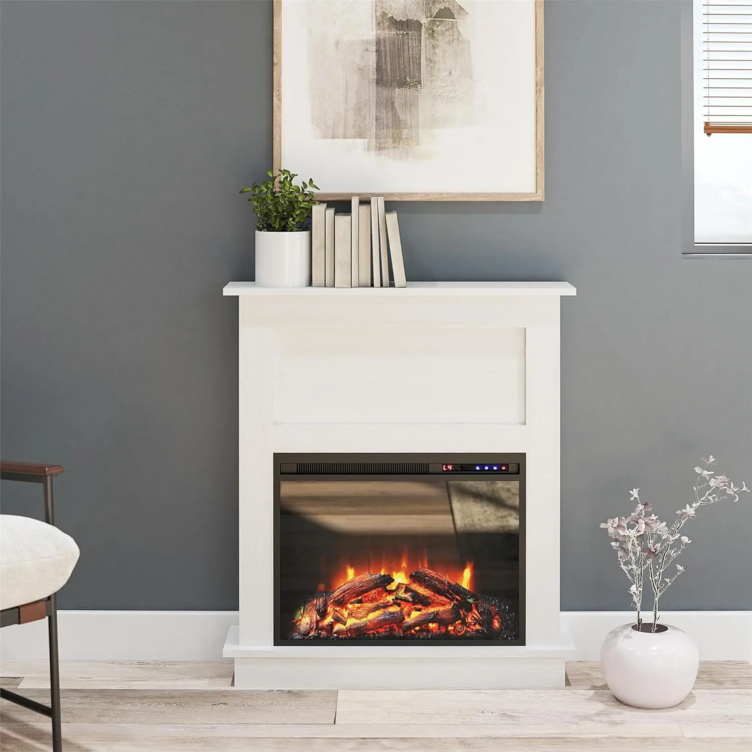 Home Ellsworth 32 Inch Electric Fireplace with Mantel, Replaceable Fireplace Insert Heater, Remote Control, Timer,