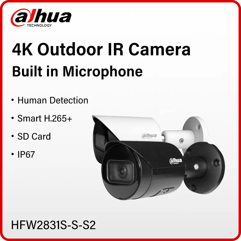 

Dahua HFW2831S-S-S2 8MP Outdoor Starlight Camera Network Mini 4K Bullet IR Security CCTV Supports POE SD Card Microphone H.265+