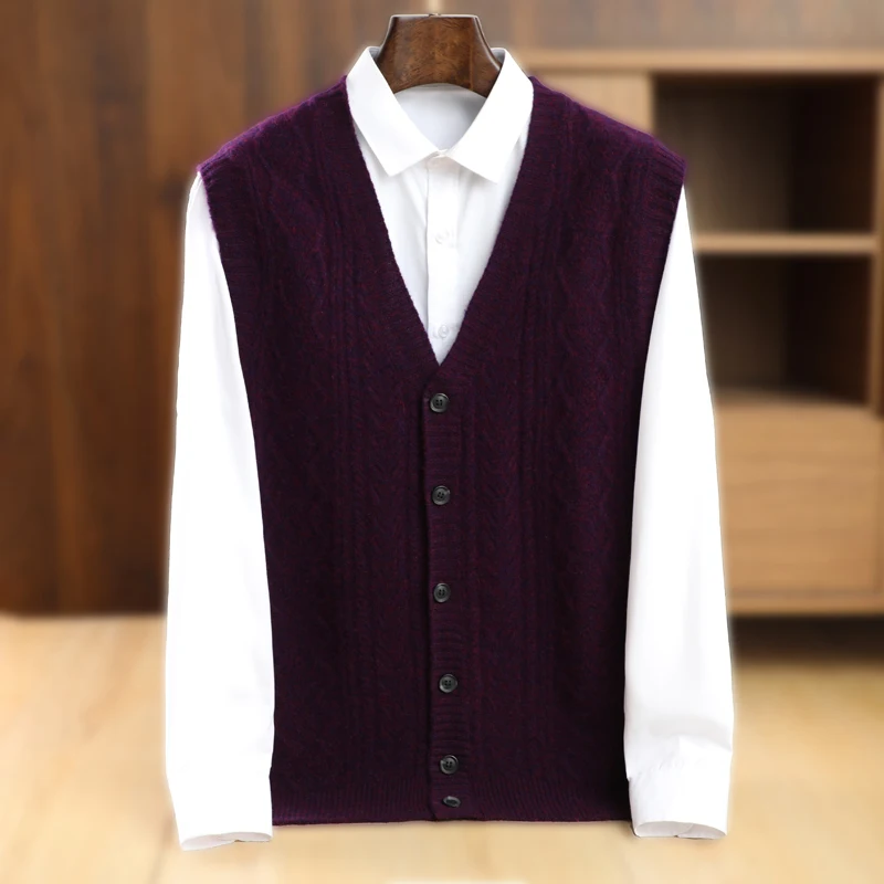 Men's V-neck Waistcoat Sleeveless Sweater Wool Cardigan Vest Autumn Winter Cashmere Twist Flower 100% Merino Wool Knitwear Tops
