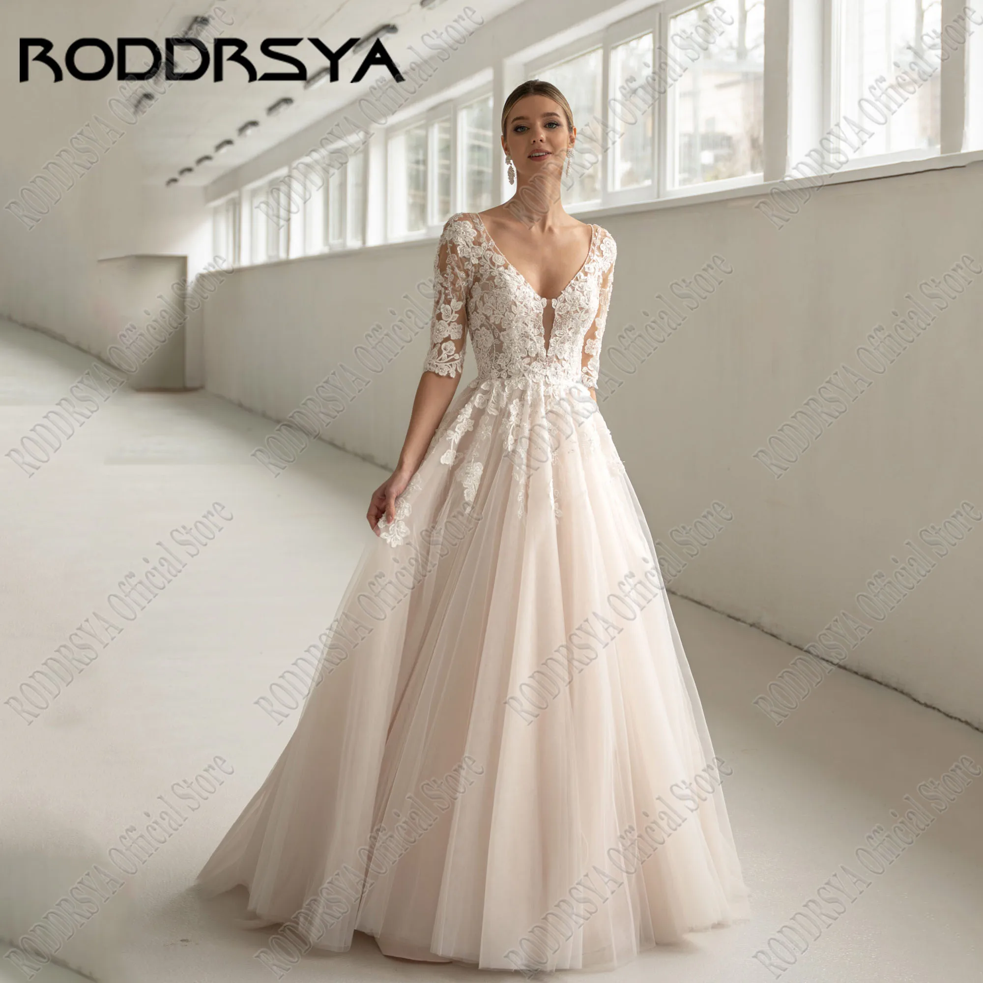 RODDRSYA Civil Half Sleeves Wedding Dress 2024 Bride V-Neck Backless Applique Vestidos De Novia Tulle A-Line Beading Sweep Train