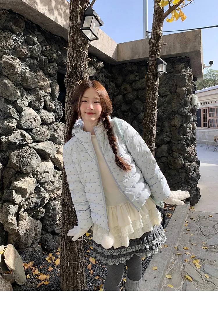 Korean Cropped Polka Dot Hooded Cotton-padded Jacket Women Zip Up Casual Winter Warm Outerwear Woman Sweet Cute Puffer Jackets