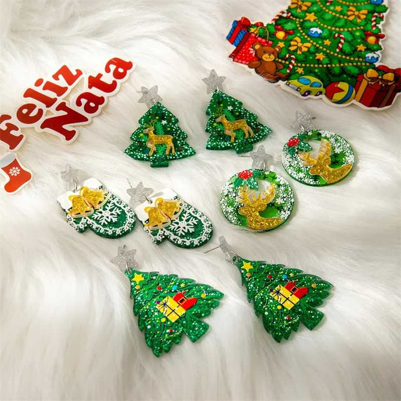 لطيف الكرتون الاكريليك شجرة عيد الميلاد استرخى أقراط مسمار Dnagle عيد الميلاد الأيائل ندفة الثلج أجراس أقراط للنساء عطلة مجوهرات هدية