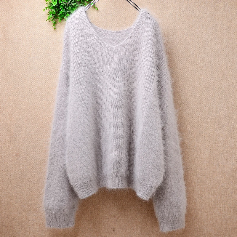 

Female Women Spring Autumn Clothing Hairy Angora Rabbit Hair Knitted O-Neck Long Sleeves Loose Pullover Jumper Sweater Pull Tops