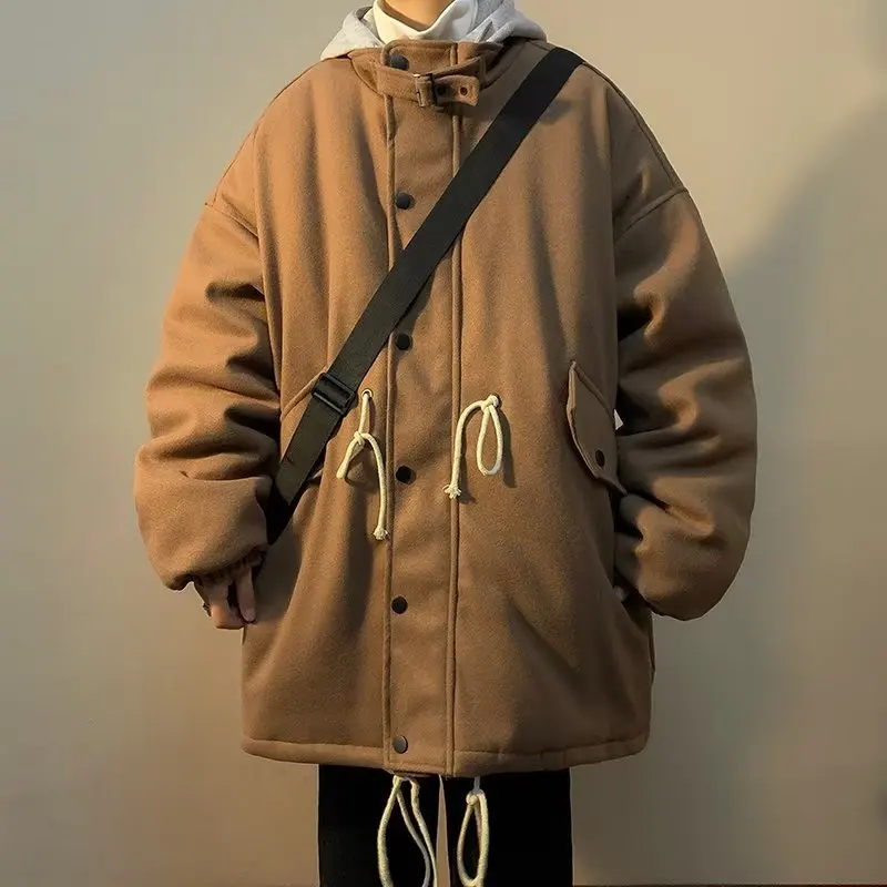 

Man Jacket Autumn Winter High Street Patchwork Men Outerwear Loose Pocket Zipper Hooded Windproof Male Fake Two-piece Coat