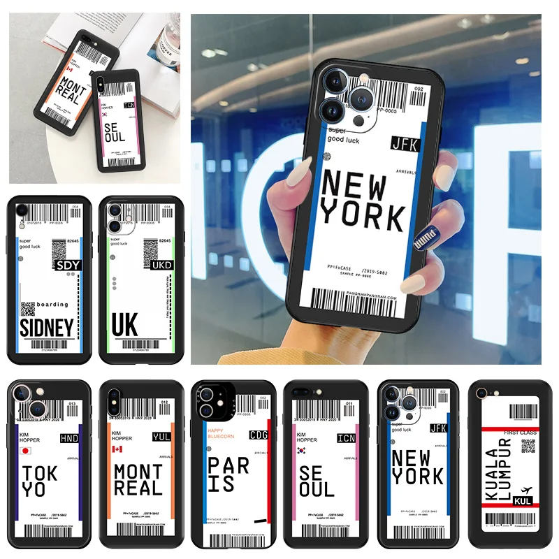 Phone Case for iphone 16 Pro 15 12 11 13 Mini 14 Plus SE XR XS Max MONTREAL SEOUL Travel Ticket Label Soft Black Anti-Drop Cover