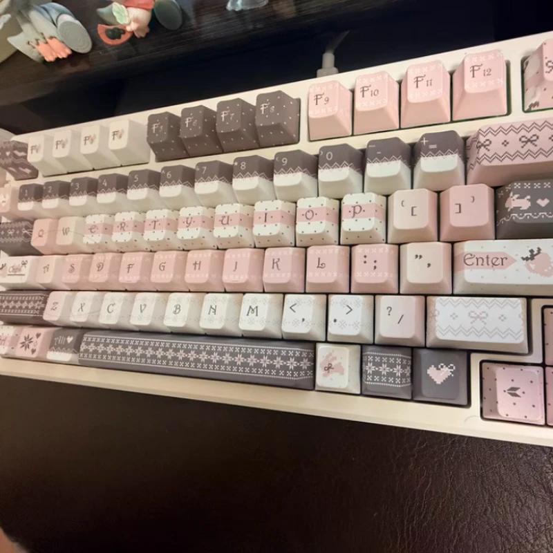 

Strawberry Rabbit Themed Pink Keycaps with 130 Key PBT Sublimation Custom Cherry Profile Keycaps Mechanical Keyboard Accessories