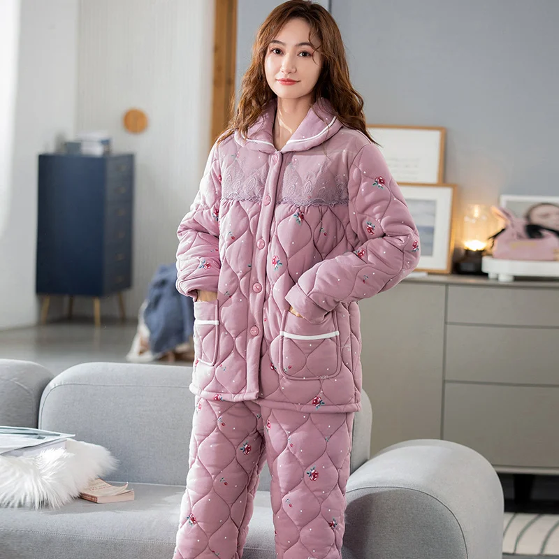 

Winter New 3 Layers Quilted Pajamas Suit Loose Floral 2PCS Women Sleepwear Nightwear Thick Sleep Set Casual Warm Home Wear