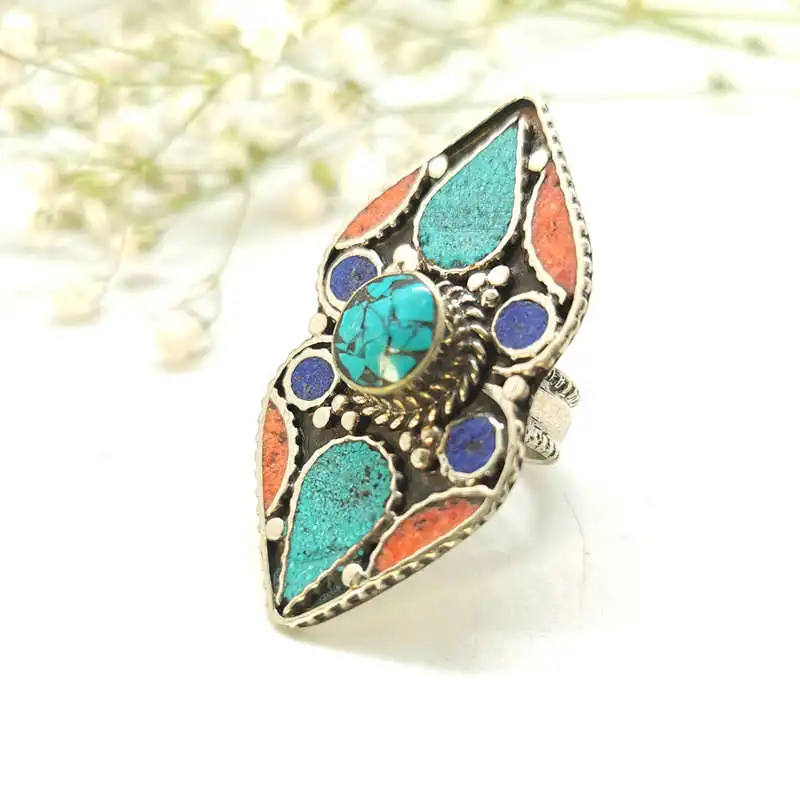 Tibetan Big Rings for Man White Metal Copper Inlaid Colorful Stone Ring R242