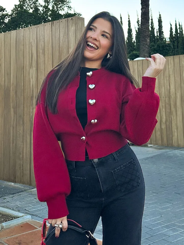 

TRAFZA Women Spring Casual Solid Knitting Tops Crew Neck Heart-Shaped Buttons Cardigans Female Fashion Long Sleeve Sweaters Coat