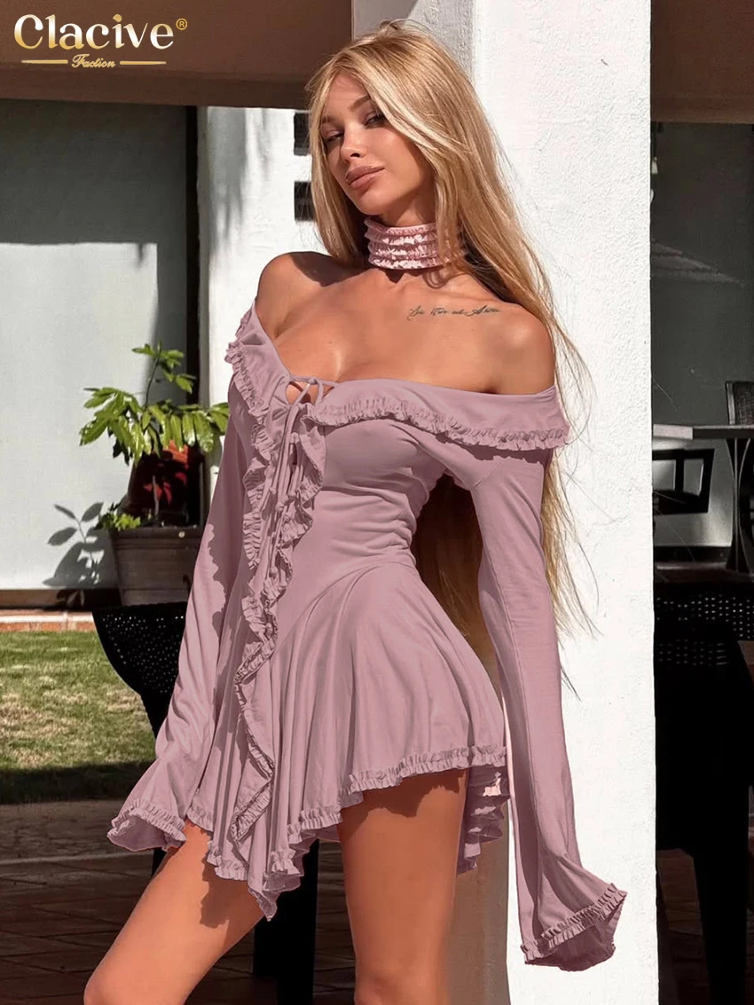

Clacive Sexy Loose Pink Women's Dress 2026 Fashion Slash Neck Long Sleeve Mini Dresses Elegant Classic Pleated Female Dress