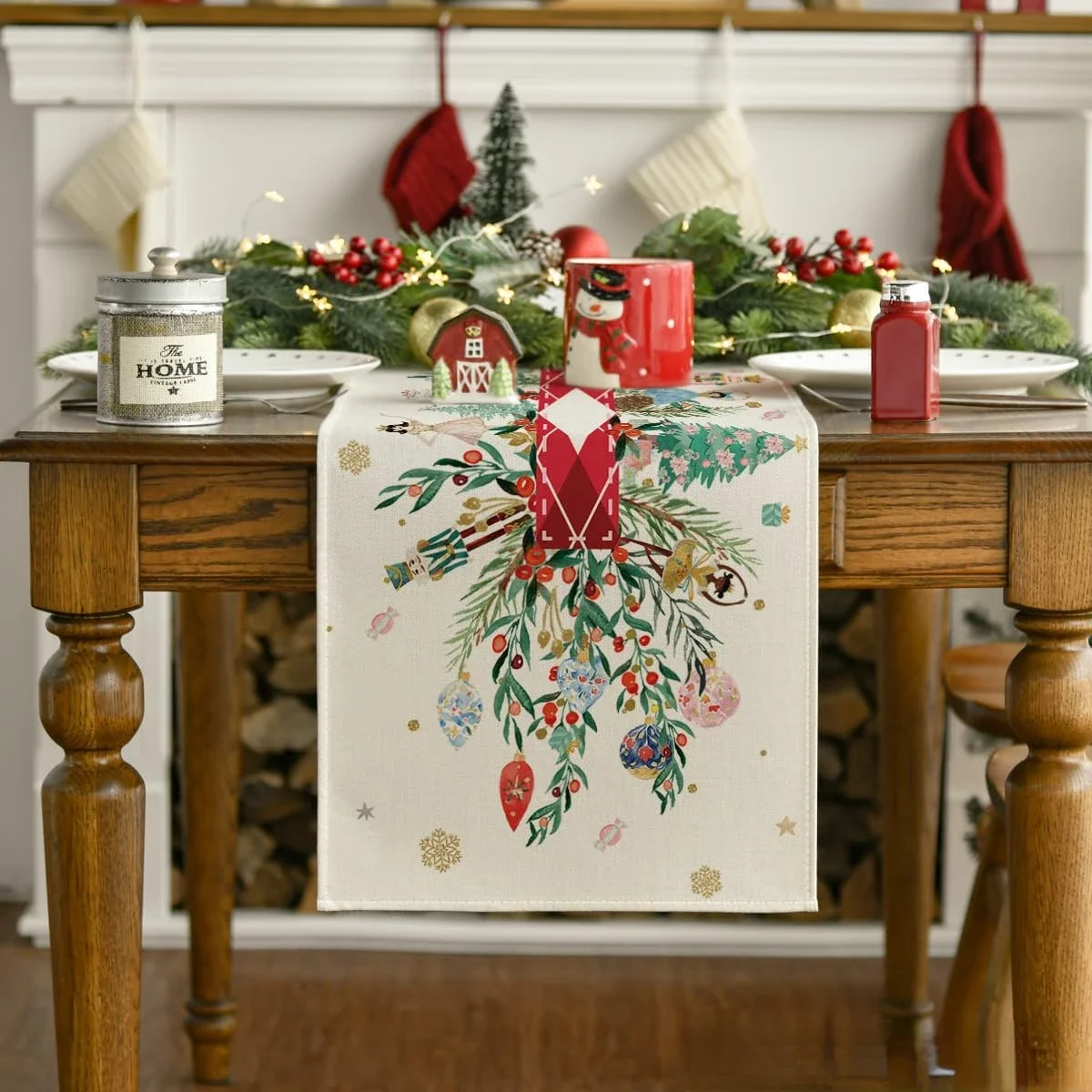 Christmas Nutcracker Floral Holly Linen Table Runner Table Decor Winter Dresser Scarf Dining Table Runners Christmas Decorations