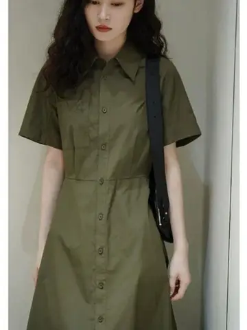 레트로 반팔 셔츠 원피스 여성 플러스 사이즈 300파운드 여름 허리 조절 슬리밍 미디 스커트 한국 스타일 버튼 디테일