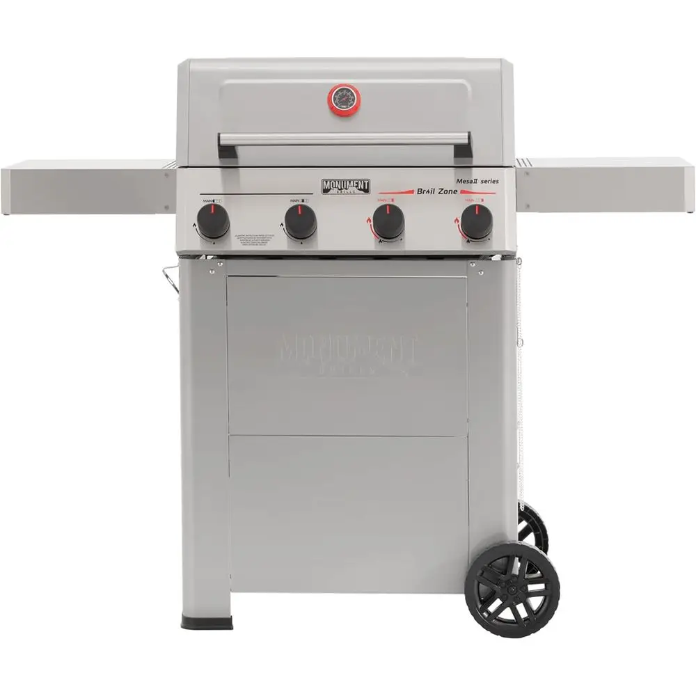 

4-Burner Propane Gas Grill with Broil Zone, Stainless Steel Outdoor Barbecue, Foldable Side Shelves, Reaches 500°F in 5 Mins, Qu