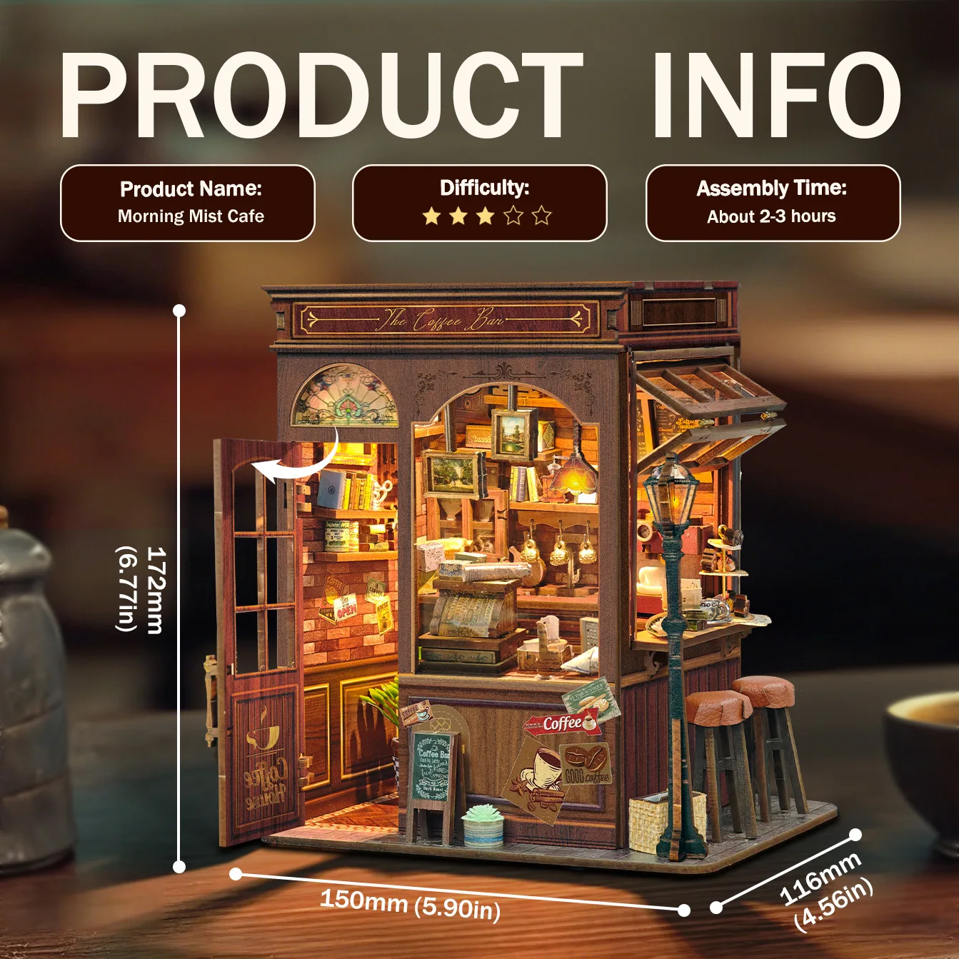 DIY Book Nook Shelf Insert Kit Morning Mist Cafe Bookend Miniature Dollhouse 3D Puzzle Assembly Model for Adults Birthday Gifts