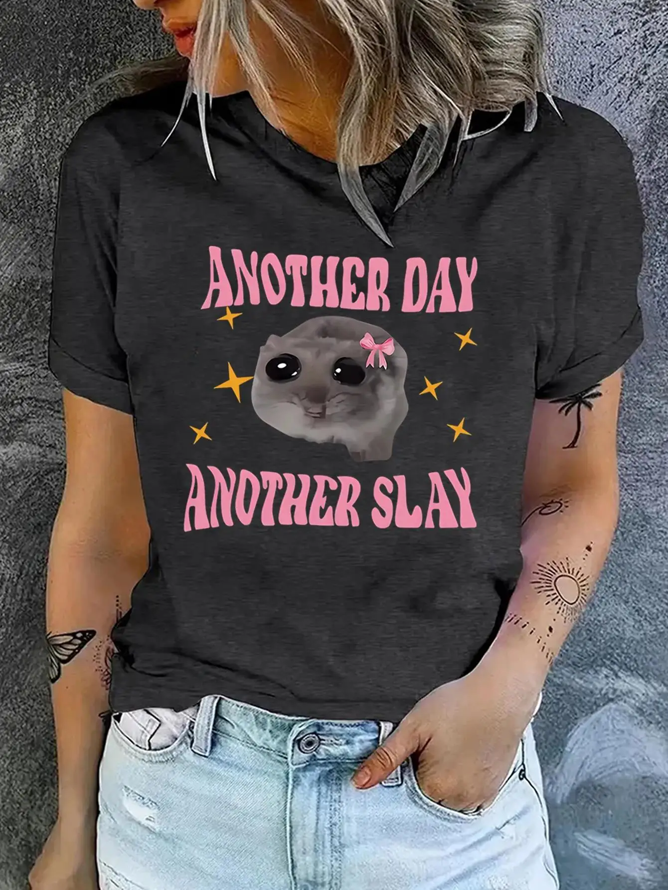 Whimsical sad hamster print crewneck T-shirt casual top for women is the perfect spring/summer fashion T-shirt for women