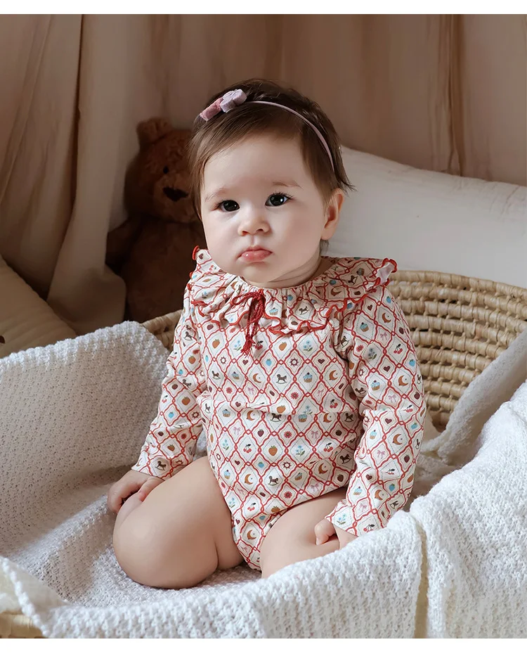 Baby Girls Pure Cotton Bodysuit Newborn Cute Print Long Sleeve Bow Ruffle Neck Onesie Infant One-piece Rompers Toddler Clothing 4
