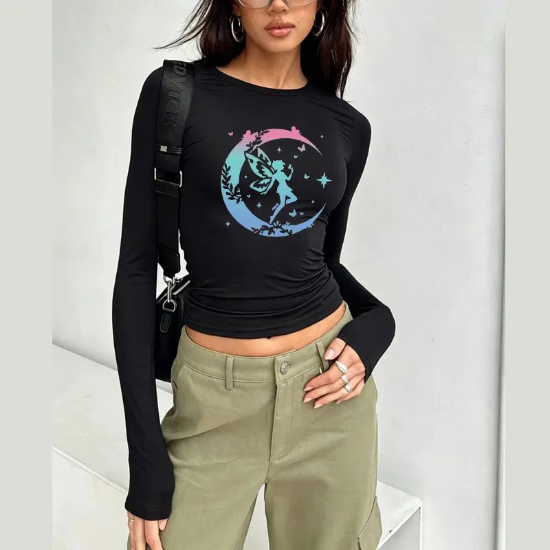 Fairy Moon Print Spring Autumn Women T-Shirt Causal Long Sleeve Crop Tops O Neck Pullovers Tees Slim Fit T Shirt