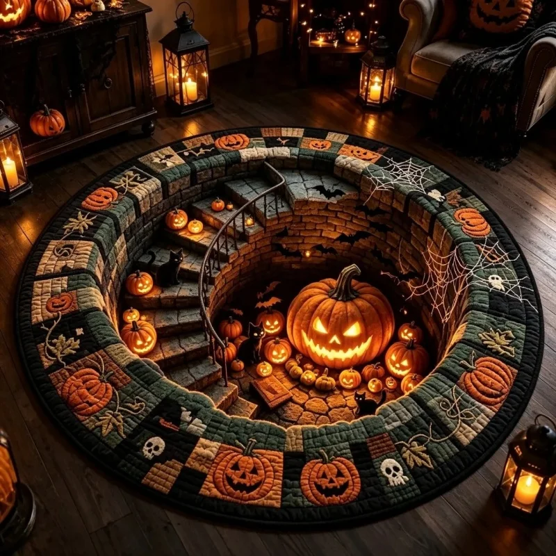 Black Cat Pumpkin Bat Halloween Round Rug, Spooky Printed Circular Floor Carpet, Indoor Living Room Home Decor
