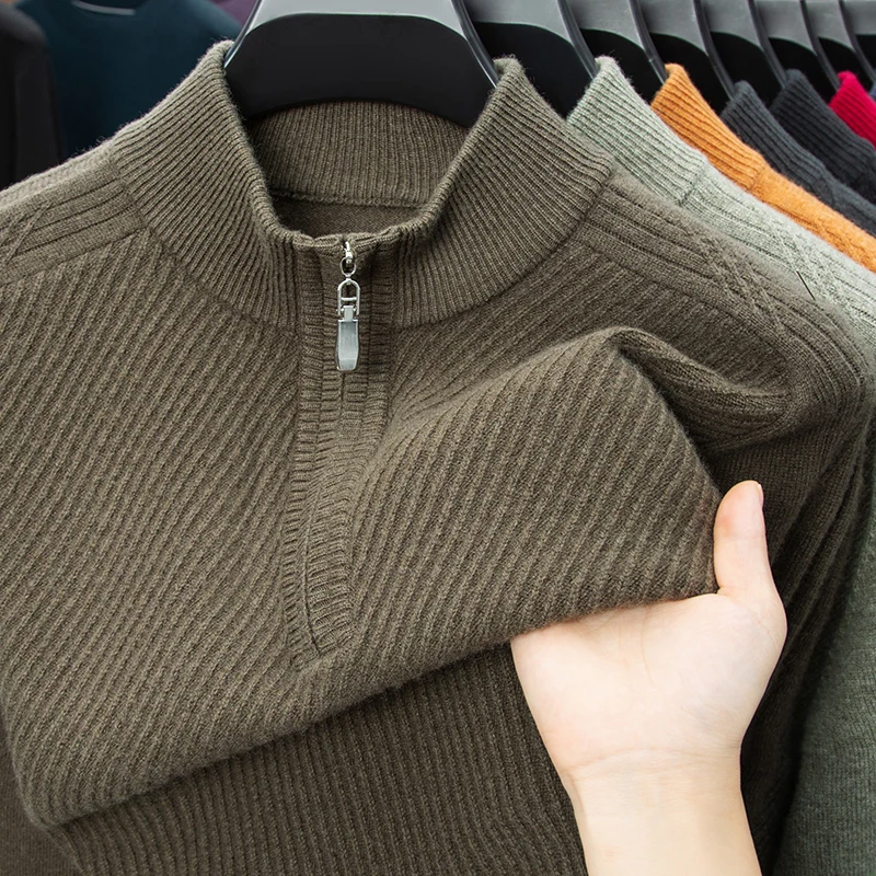 

100% Wool Men's Luxury Sweater Thickened High Neck Half Zip Knitted Pullover Long Sleeve Autumn Winter Fashion Warm Casual Wear