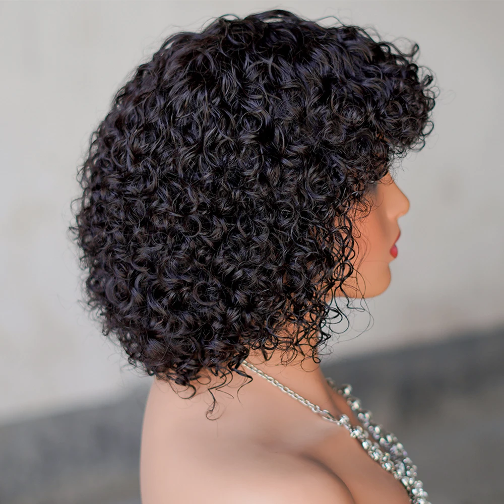 Kinky Curly Wig with Bangs 180% Density Full Machine Made Water Wave Curly Short Bob Wigs Brazilian Human Hair