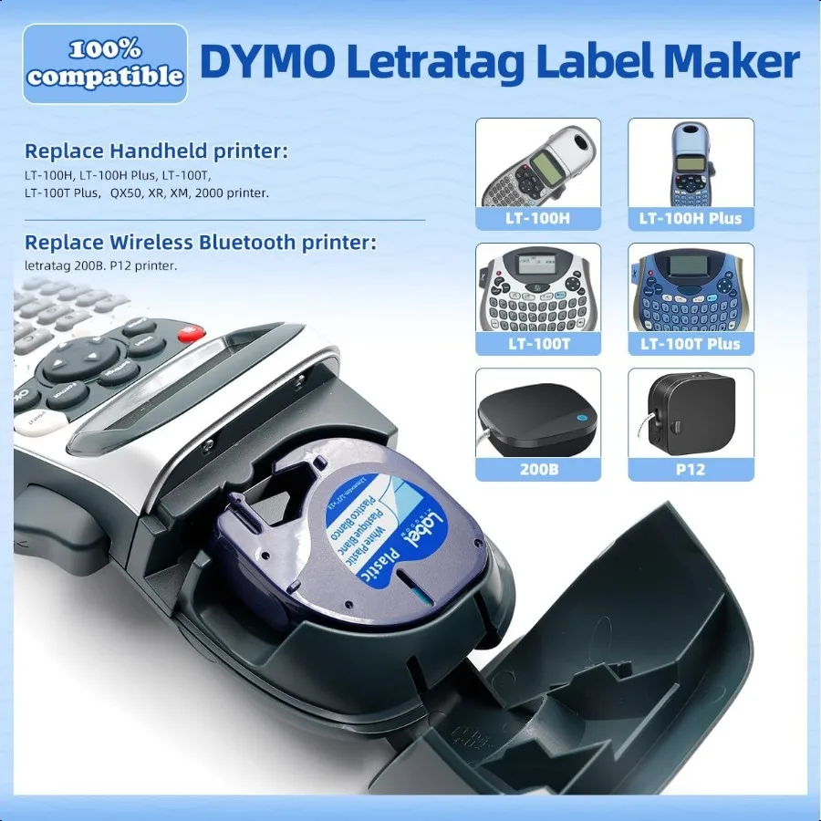 متوافق مع صانع الملصقات DYMO LetraTag عبوة 91331 شريط بلاستيكي أبيض 12 مم × 4 م 1 2 × 13 بوصة لـ Labeler Letra Tag 200B LT 100