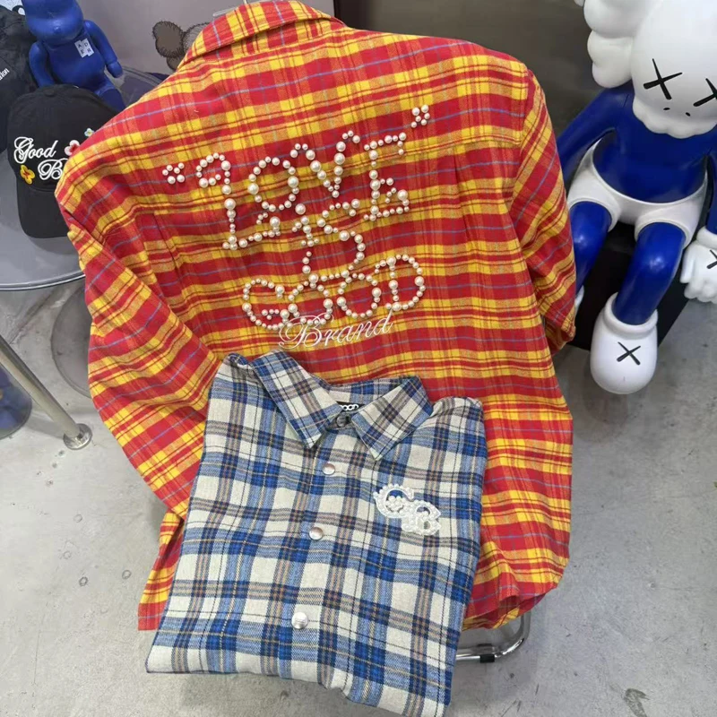 

Men's Women's Clothes Real Pictures High Street Fashion Pearl Long-sleeved Goodbrand Plaid Shirt Tops