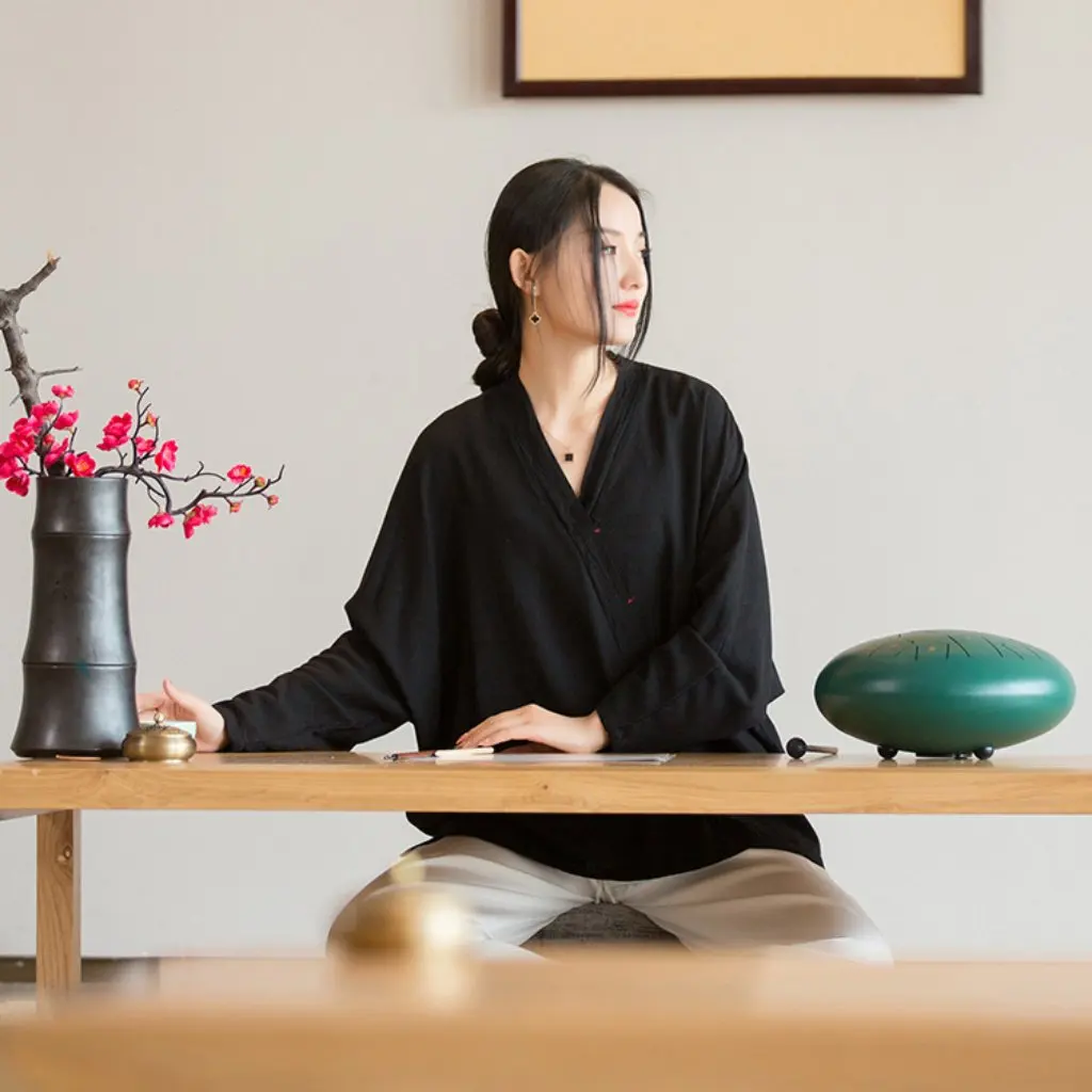 

Nianbaixiu женская футболка в стиле ретро Zen Hanfu, весна-лето, новый большой повседневный топ с v-образным вырезом и рукавами 3/4, льняной песочный стиль