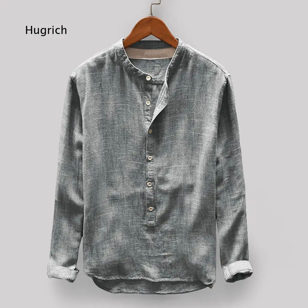Men Stand Collar Long Sleeve Cotton Shirt Button Placket Solid Color Casual Loose Fit Top For Daily Business Daily Occasions