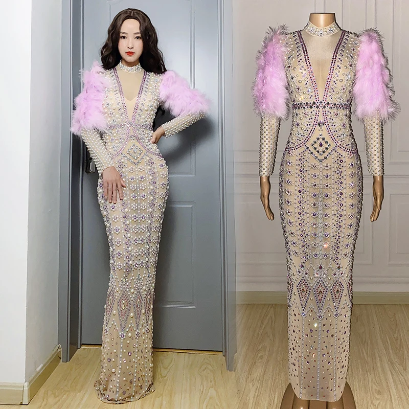 Party Banquet Pearls Evening Dresses Singer Performance Stage Costume Drag Queen Clothes Feather Rhinestones Long Dress yj010