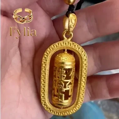 Joyería Fylia, colgante de columna giratoria con personaje de Buda y mantra de seis caracteres, de oro real 9999 24K, joyería para hombre con cordón, estilo antiguo.