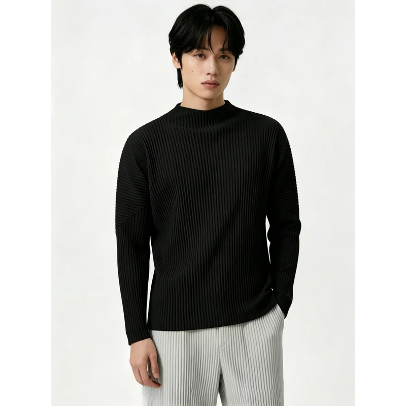 Miyake Pleated Men's Mock Neck Long Sleeve T Shirt Plisse Side Split Drop Shoulder Loose Fit Stretch